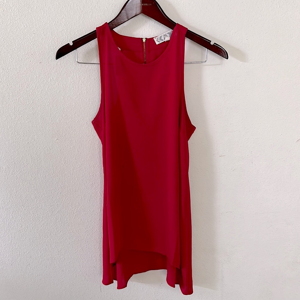 Pink Rose Red High Low Tank Top Blouse High Neck Casual Party